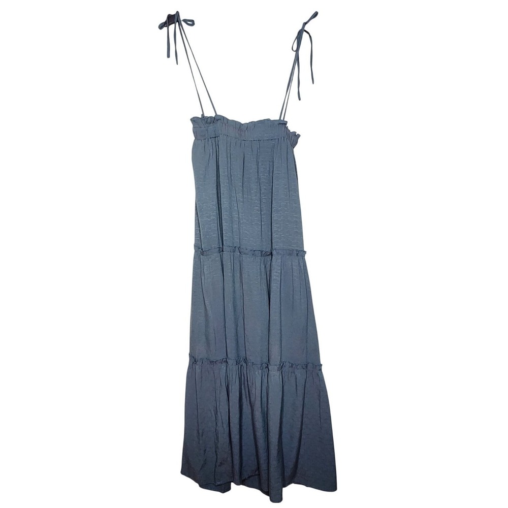 BTFBM Sage Green Boho Tiered Midi Peasant Dress Smocked Square Neck Strappy S